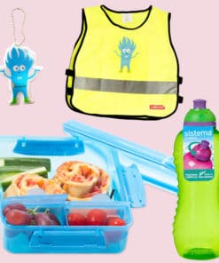 Turpakke med Sistema matboks, Sistema drikkeflaske, refleksvest i to barnestørrelser og en liten refleks til å henge på sekken